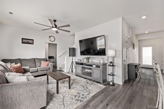 515 Bridger Ave, Fort Lupton, CO 80621 - living area featuring a ceiling fan, visible vents, baseboards, dark wood-style flooring, and recessed lighting