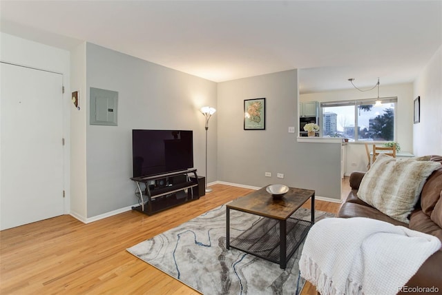 living room with electric panel and light hardwood / wood-style flooring