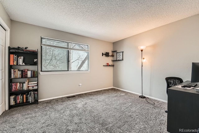 carpeted office space with a textured ceiling