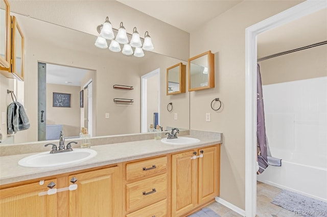 19463 E Hollow Creek Dr, Parker, CO 80134 - full bathroom featuring double vanity and shower / bath combination with curtain