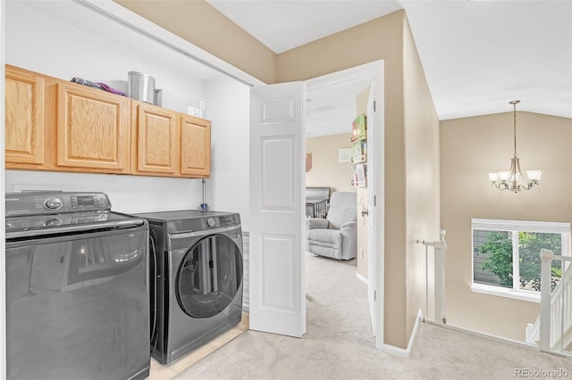 19463 E Hollow Creek Dr, Parker, CO 80134 - laundry room featuring cabinet space, light carpet, independent washer and dryer, and a chandelier