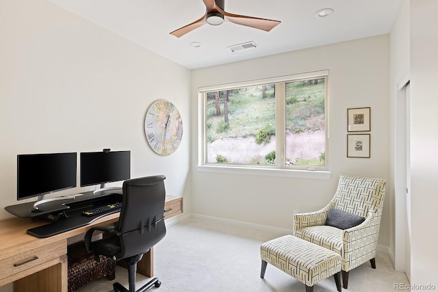 766 Dreamcatcher Ln, Evergreen, CO 80439 - office area with light colored carpet, ceiling fan, and recessed lighting