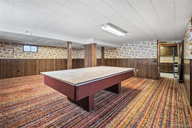 playroom with wooden walls, carpet, billiards, and wainscoting