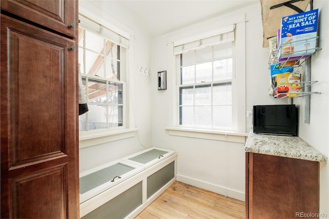 mudroom with light wood finished floors, a healthy amount of sunlight, and baseboards