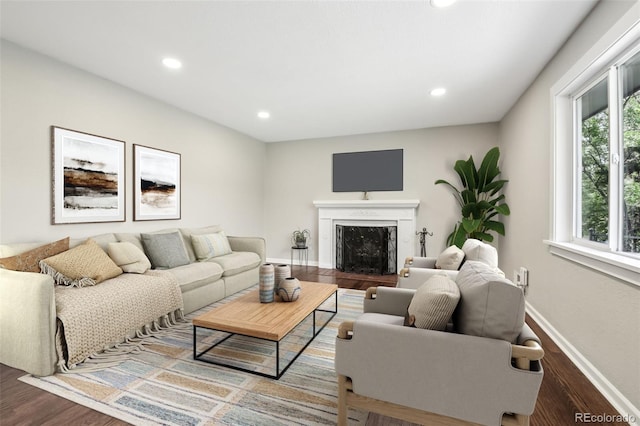living area featuring wood finished floors, recessed lighting, baseboards, and a fireplace