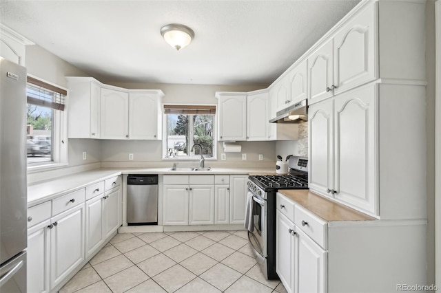 kitchen featuring appliances with stainless steel finishes, a sink, under cabinet range hood, and healthy amount of natural light