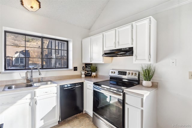 kitchen with white cabinets, black dishwasher, sink, and stainless steel range with electric cooktop