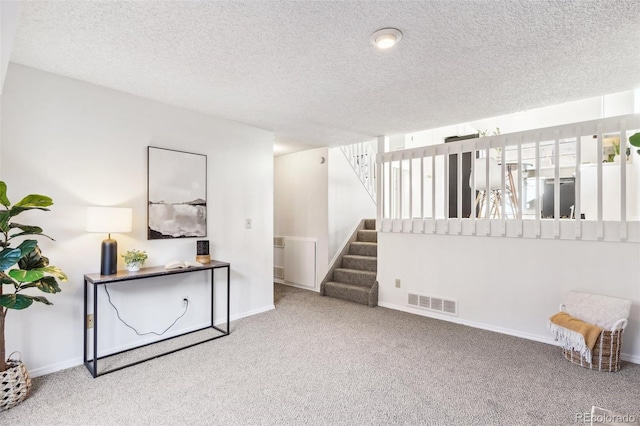 interior space with a textured ceiling and carpet floors