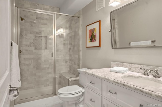 bathroom featuring vanity, visible vents, toilet, and a shower stall