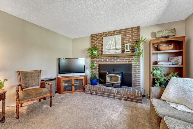 3317 S Elkhart St, Aurora, CO 80014 - carpeted living room with a wood stove and a textured ceiling