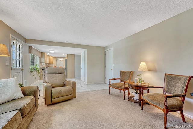 3317 S Elkhart St, Aurora, CO 80014 - living area with light carpet, a textured ceiling, and light tile patterned floors