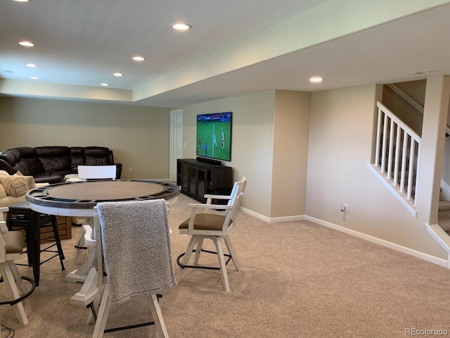 23580 E Portland Way, Aurora, CO 80016 - dining space featuring recessed lighting, carpet flooring, baseboards, and stairs