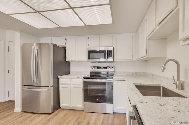 kitchen featuring stainless steel appliances, white cabinetry, a sink, and light wood finished floors