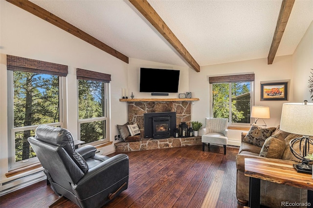 living room featuring a textured ceiling, beamed ceiling, wood-type flooring, and a fireplace