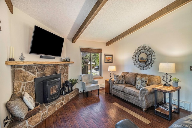 living area with vaulted ceiling with beams, wood-type flooring, a baseboard heating unit, and a textured ceiling