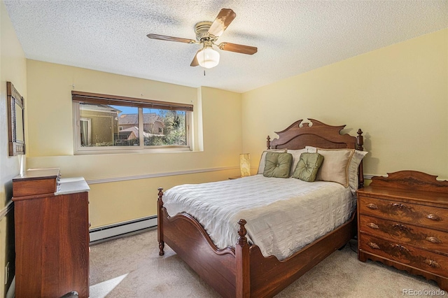 bedroom featuring light carpet, ceiling fan, a textured ceiling, and baseboard heating