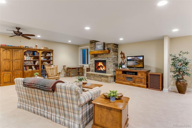 7992 Rising Sun Ct, Windsor, CO 80550 - carpeted living room with recessed lighting, a fireplace, a ceiling fan, and baseboards