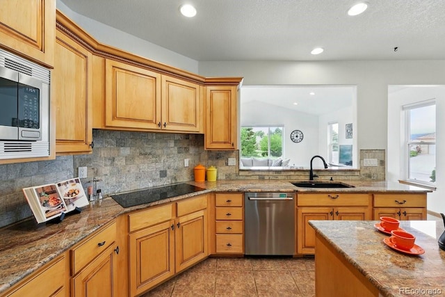 3 Desert Inn Way, Colorado Springs, CO 80921 - kitchen featuring stainless steel appliances, a sink, tasteful backsplash, stone countertops, and light tile patterned floors