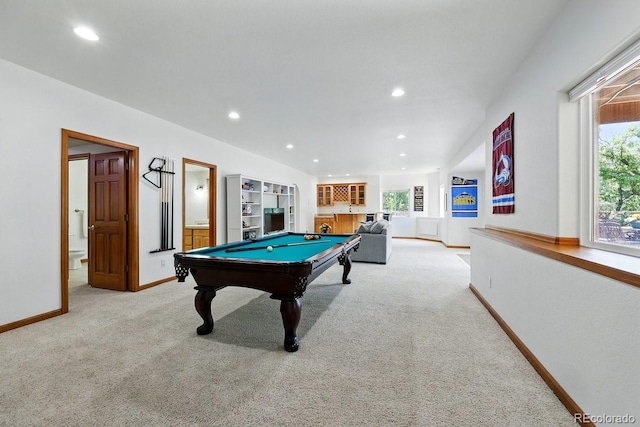 3 Desert Inn Way, Colorado Springs, CO 80921 - rec room with light colored carpet, billiards, baseboards, and recessed lighting