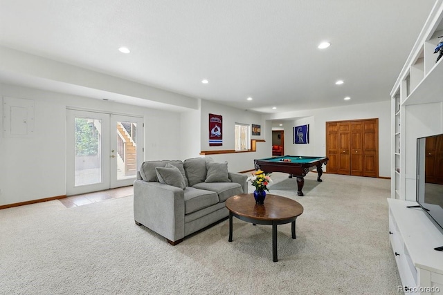 3 Desert Inn Way, Colorado Springs, CO 80921 - living area with billiards, recessed lighting, light carpet, french doors, and baseboards