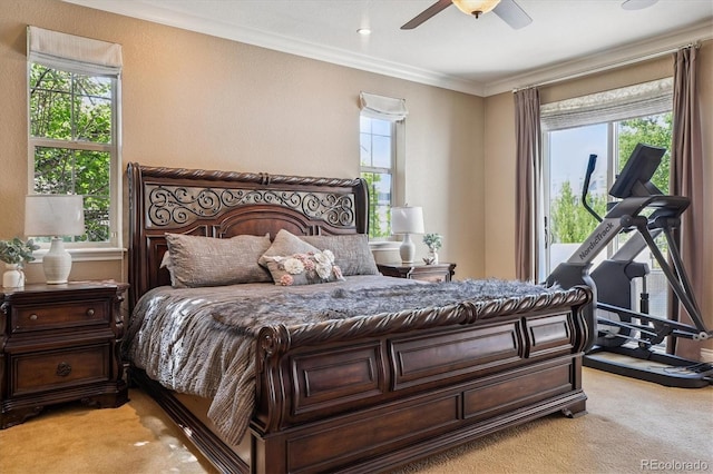8526 E 35th Ave, Denver, CO 80238 - bedroom featuring light colored carpet, ornamental molding, and ceiling fan