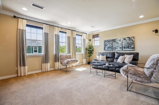 8526 E 35th Ave, Denver, CO 80238 - living room with crown molding, light colored carpet, and recessed lighting