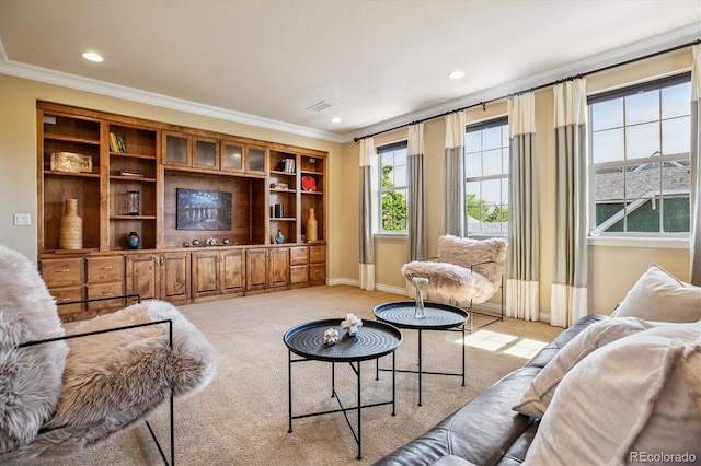 8526 E 35th Ave, Denver, CO 80238 - living room featuring light colored carpet, ornamental molding, and recessed lighting