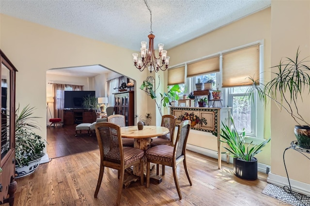 1559 Elm St, Denver, CO 80220 - dining area with a chandelier, wood finished floors, and a textured ceiling