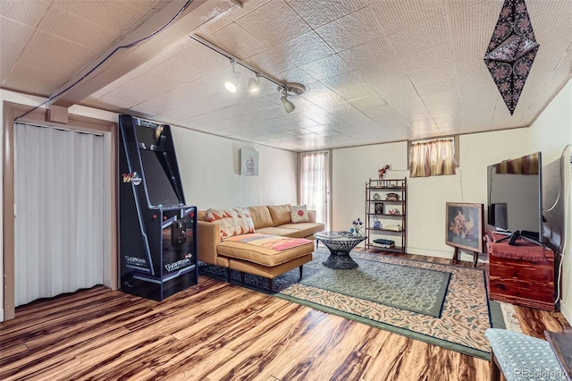 1559 Elm St, Denver, CO 80220 - living room featuring rail lighting and wood finished floors