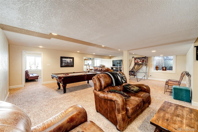 playroom featuring light carpet, a wealth of natural light, and billiards