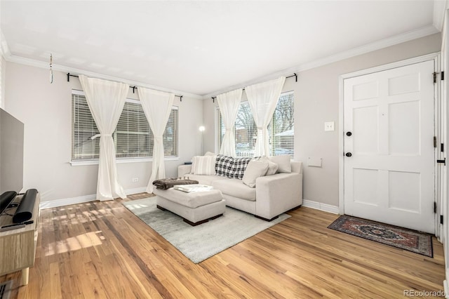 living room with hardwood / wood-style flooring and crown molding