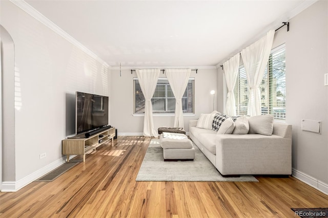 living room with crown molding and hardwood / wood-style floors