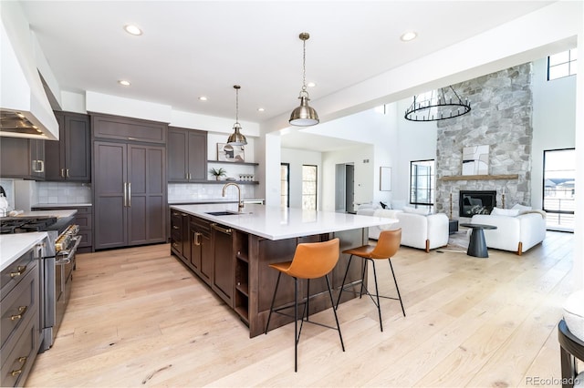 kitchen with decorative backsplash, sink, custom range hood, and range with two ovens