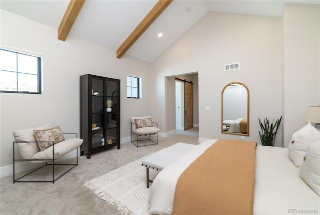 carpeted bedroom featuring high vaulted ceiling, a barn door, and beam ceiling