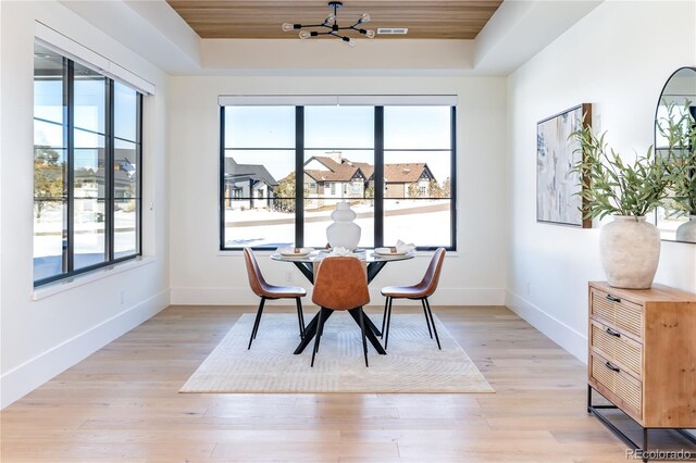 dining area with wooden ceiling, a tray ceiling, and light hardwood / wood-style flooring