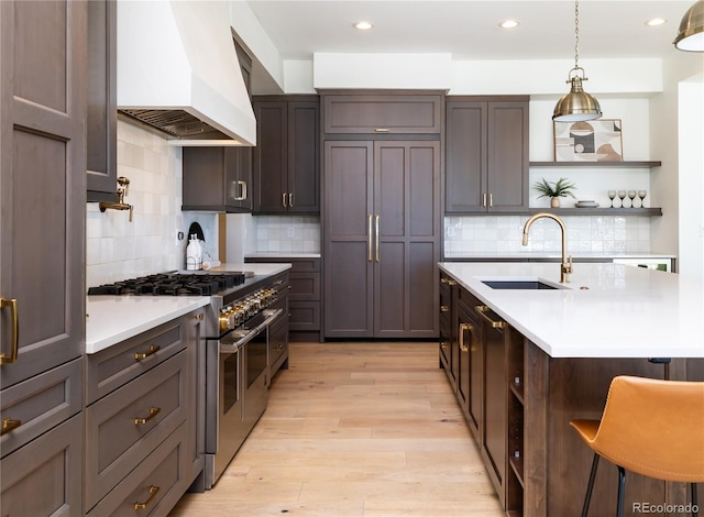 2442 Fox View Trl, Franktown, CO 80116 - kitchen with a sink, high end appliances, premium range hood, open shelves, and light countertops