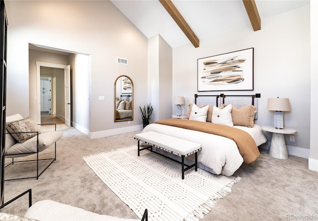 2442 Fox View Trl, Franktown, CO 80116 - bedroom featuring light carpet, baseboards, beamed ceiling, and high vaulted ceiling