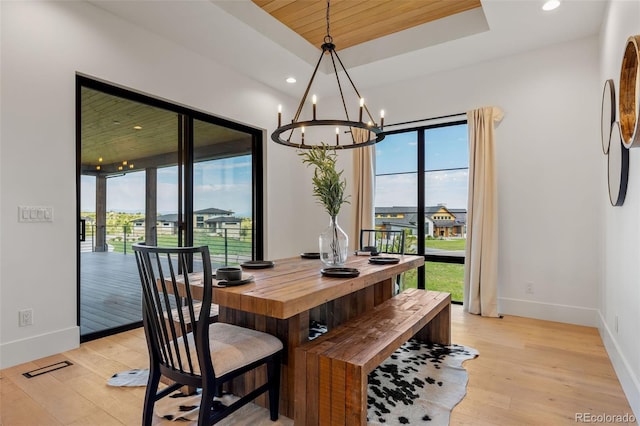 2442 Fox View Trl, Franktown, CO 80116 - dining area featuring plenty of natural light, a chandelier, light wood finished floors, recessed lighting, and a tray ceiling