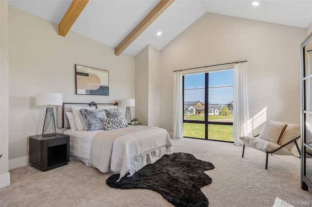 2442 Fox View Trl, Franktown, CO 80116 - bedroom featuring carpet, high vaulted ceiling, beam ceiling, and recessed lighting