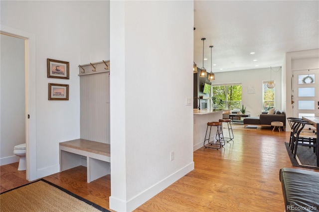10165 E 59th Ave, Denver, CO 80238 - mudroom featuring baseboards, light wood finished floors, and recessed lighting