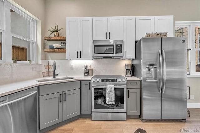 kitchen featuring appliances with stainless steel finishes, light countertops, gray cabinetry, open shelves, and a sink