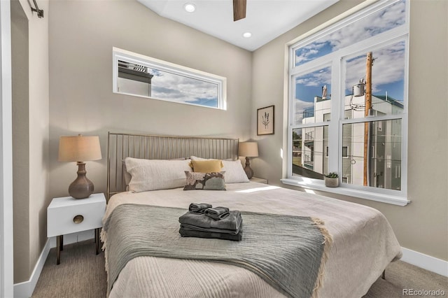 bedroom with a ceiling fan, baseboards, carpet flooring, and recessed lighting