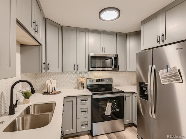 kitchen featuring light wood-type flooring, gray cabinets, tasteful backsplash, stainless steel appliances, and sink