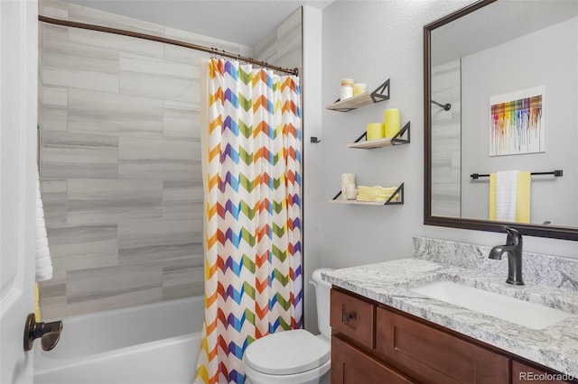 6464 Elsinore Dr, Colorado Springs, CO 80923 - bathroom with toilet, vanity, and shower / tub combo with curtain