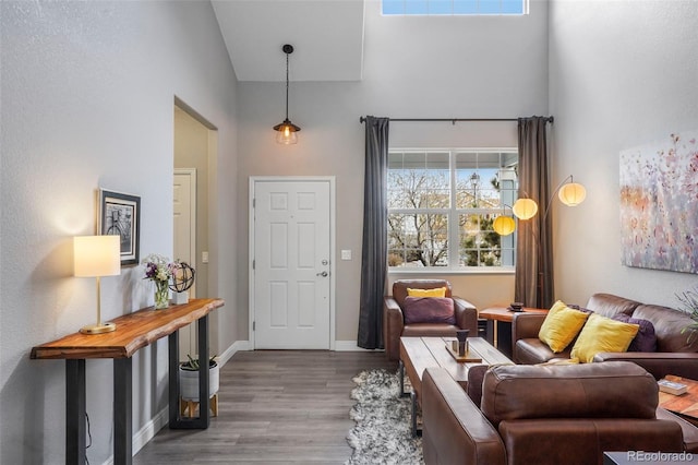6464 Elsinore Dr, Colorado Springs, CO 80923 - interior space featuring baseboards, wood finished floors, and a towering ceiling