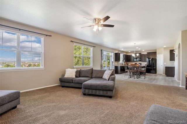 42311 Forest Oaks Dr, Elizabeth, CO 80107 - living area with light carpet, ceiling fan, and recessed lighting
