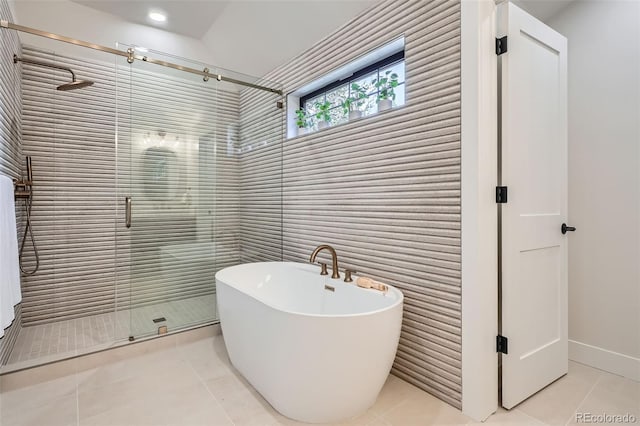 3649 W 21st Ave, Denver, CO 80211 - bathroom featuring a shower stall, tile patterned floors, and a soaking tub