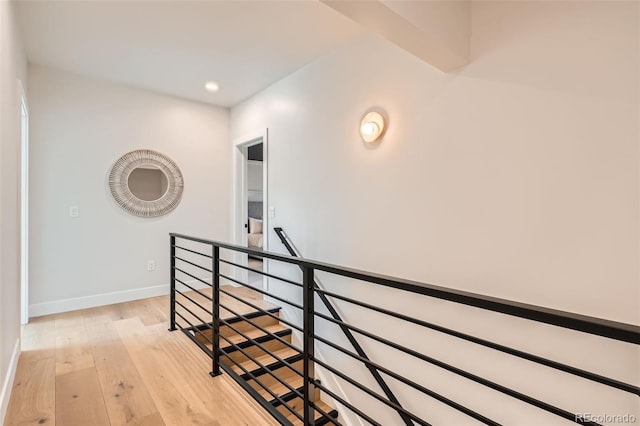 3649 W 21st Ave, Denver, CO 80211 - hall with an upstairs landing, light wood-style floors, baseboards, and recessed lighting