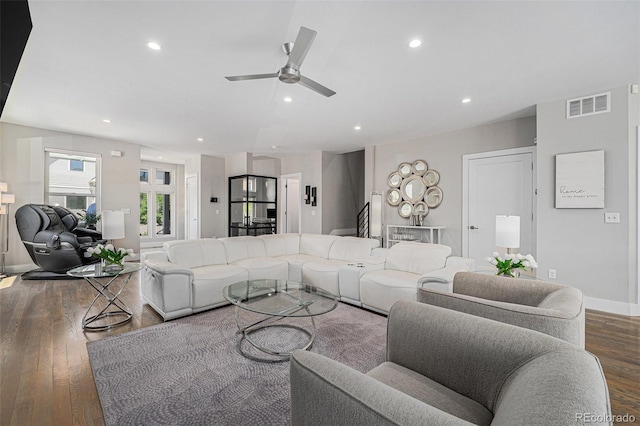 4102 Quivas St, Denver, CO 80211 - living area with wood finished floors, recessed lighting, a ceiling fan, and stairs