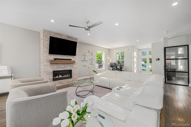 4102 Quivas St, Denver, CO 80211 - living area with wood finished floors, a fireplace, a ceiling fan, and recessed lighting